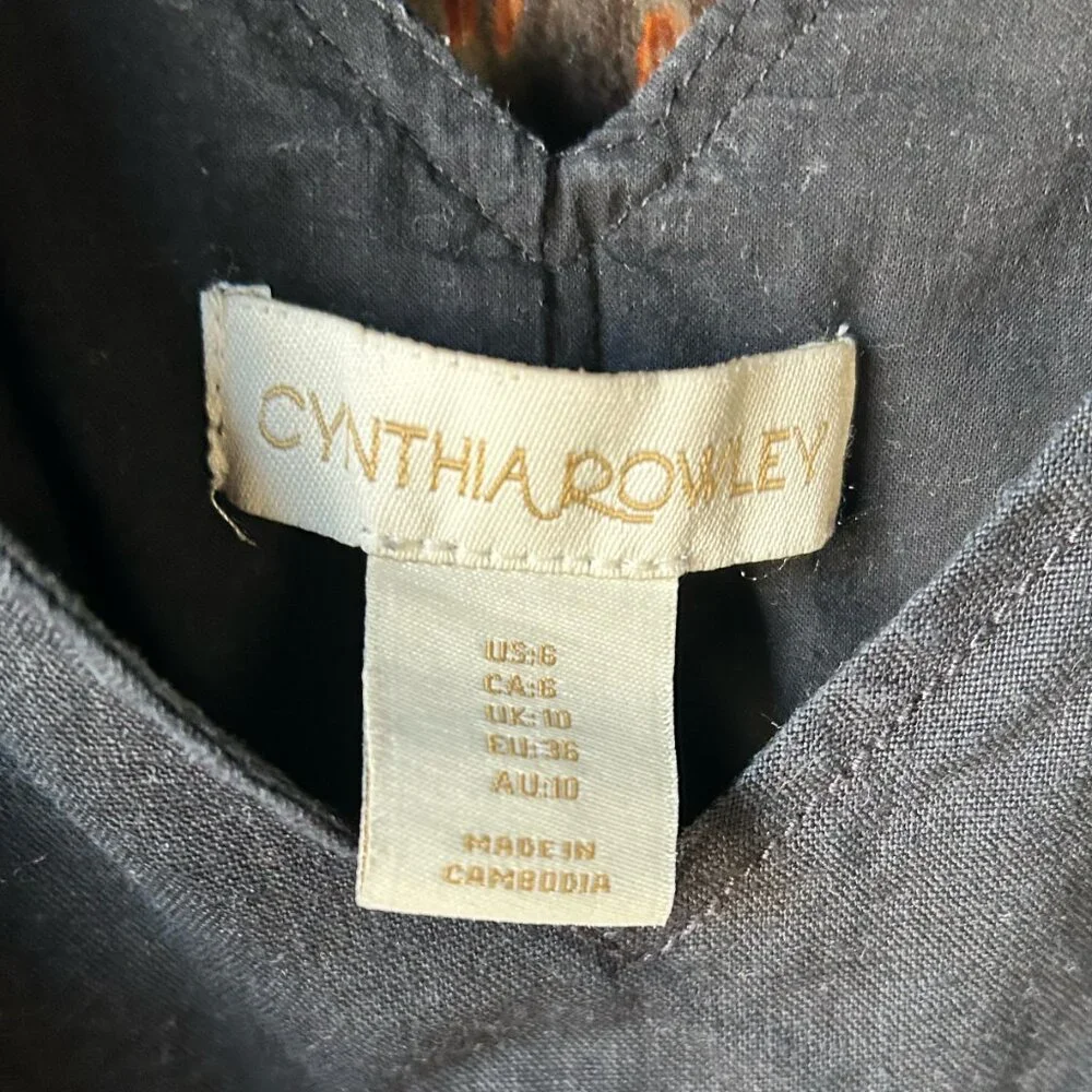 Cynthia Rowley 100% Linen Black V-Neck Sleeveless Dress Ruched Pockets Size 6 - Picture 5 of 7